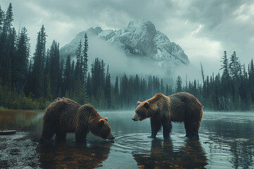 Two bears, standing upright, in a body of water, travel concept.