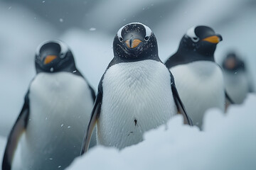 A group of three penguins standing next to each other in a unified formation, travel concept.