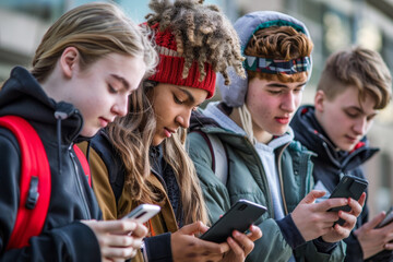 Young friends engrossed in smartphones during a casual outdoor meet-up