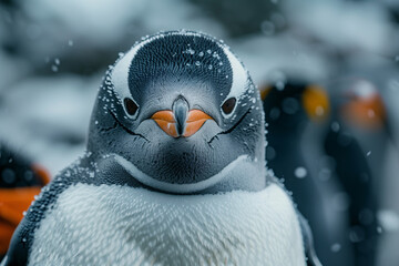 Detailed view of a penguin in the snow, travel concept.