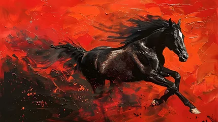 Photo sur Plexiglas Rouge a painting of a black horse galloping on a red, orange and black background with a white spot in the middle of the horse's body.