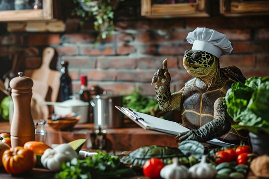 Turtle chef with a clipboard planning the menu