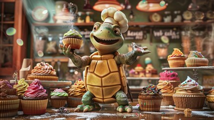 Pastry chef turtle surrounded by cupcakes and pastries - obrazy, fototapety, plakaty