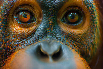 A detailed close up view of a monkeys face showing vibrant orange eyes in focus, travel concept. - Powered by Adobe