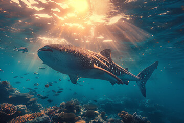 A whale gracefully swims through the ocean, sunlight filtering through the water, travel concept.