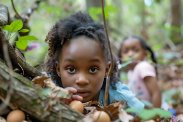 Easter egg hunt concept. Little African American girl is looking for hidden eggs in the spring park
