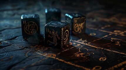 Cursed dice with eerie symbols rolling on an ancient rune-etched board - obrazy, fototapety, plakaty