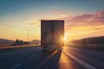 Truck Driving on Road at Sunset, Transportation and Logistics Concept - obrazy, fototapety, plakaty