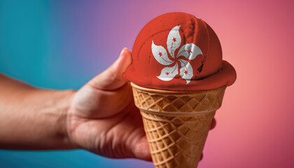 On a colorful background, a hand with ice cream in the form of the flag of Hong kong