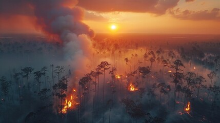 Wildfire aftermath in Asian forest, smoky haze, PM25 visible, golden hour lighting, drone view