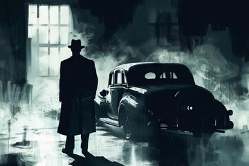 Vintage Mafia Boss Classic Film Noir Style Illustration, Smoky Room, Vintage Car, Aura of Power and Danger - obrazy, fototapety, plakaty