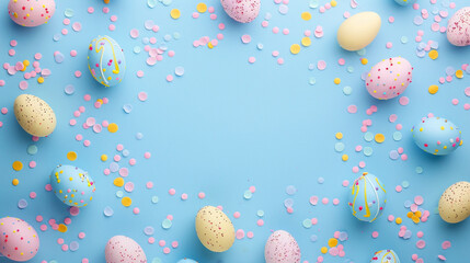 Easter eggs painted in pastel colors background