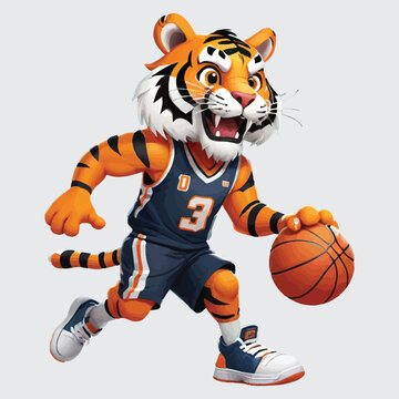 recommend clip art: mascot tiger playing basketball, vector isolated clipart