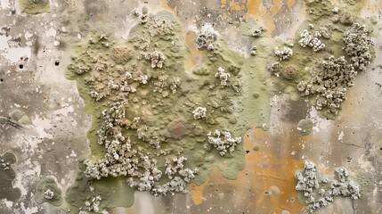 Textured abstract background of peeling paint and lichen growth on a wall, exhibiting a mix of natural and decaying urban elements for creative design use