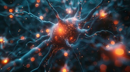 Neuronal network with luminous connections, abstract AI theme, birdseye view, soft focus - obrazy, fototapety, plakaty