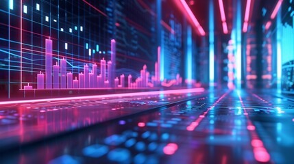 Progress graph in air, futuristic, neon blue light, side angle