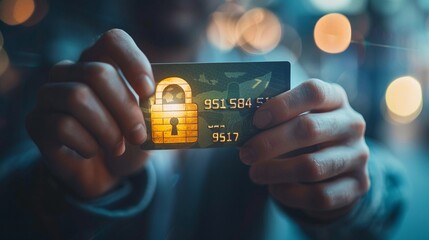 Secure grip, man holding credit card, padlock superimposed, hint at secure transactions, soft background - obrazy, fototapety, plakaty