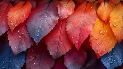 A detailed view of red and yellow autumn leaves with fresh water drops