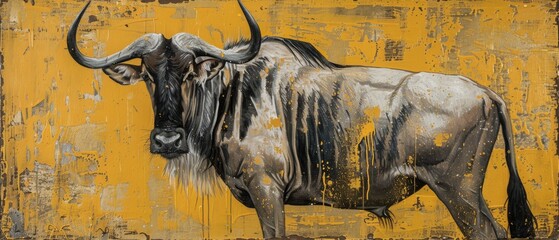  A bull stands before a yellow backdrop, with a monochrome painting of itself on the side