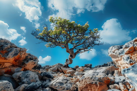 a picture of a tree in the middle of a rocky area with a blue sky and clouds in the background.