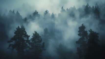 Dense fog rolling through a mystical forest, where tall trees are barely visible, creating an ethereal and mysterious atmosphere.