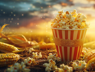popcorn in a bucket and corn farm as a background , sunset on farm  - obrazy, fototapety, plakaty