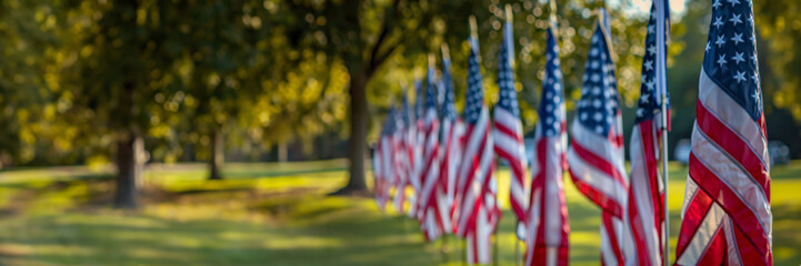 Row of American flags on display in a lush park setting, symbolizing patriotism and national holidays like Independence Day or Veterans Day