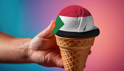 Obraz premium On a colorful background, a hand with ice cream in the form of the flag of Sudan