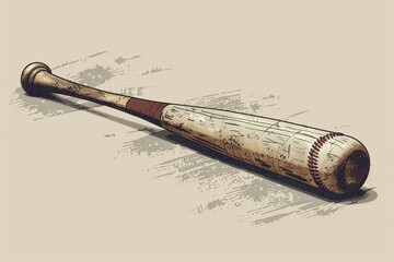Baseball and bat minimalist clipart sepia shading dynamic angle - obrazy, fototapety, plakaty