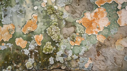 Detailed texture of colorful lichen and moss growth on a weathered rock surface, providing a natural abstract background for eco-friendly and environmental concepts - obrazy, fototapety, plakaty