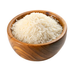 Raw rice on wooden bowl, isolated on transparent background.