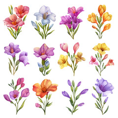 simple vector watercolour set of beautiful freesia flower