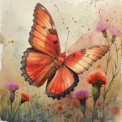 watercolor of butterfly and flower on white background.