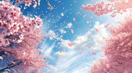 Fototapeta na wymiar A vibrant composition of pink blossoms in full bloom against a clear blue sky, simulating a springtime awakening filled with life and beauty