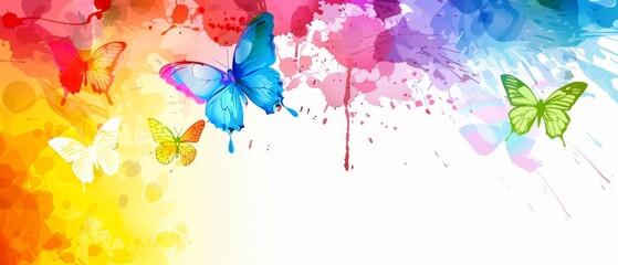  Butterflies flying against white background with splashed paint on left