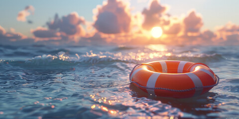 A life ring floating on the ocean, on blue sky and sea in the background. Life preserver in sea banner - obrazy, fototapety, plakaty
