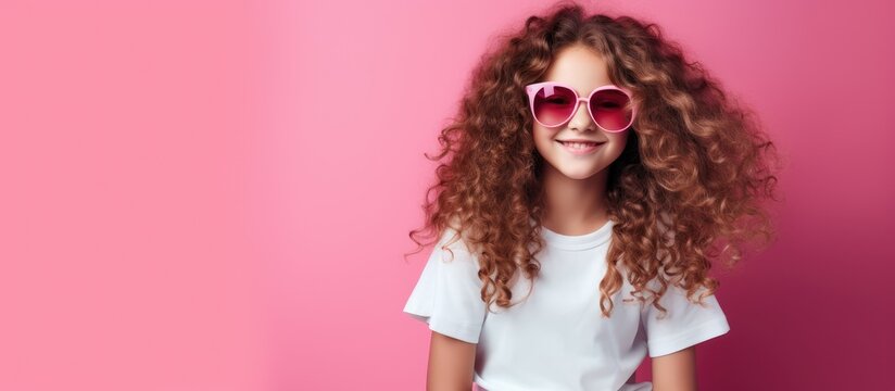 A young girl with curly red hair is sporting stylish sunglasses and a white tshirt, complementing her long locks with a trendy eyewear choice