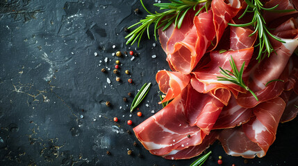 Sliced prosciutto with fresh rosemary and mixed peppercorns on a textured black slate background, gourmet Italian appetizer concept