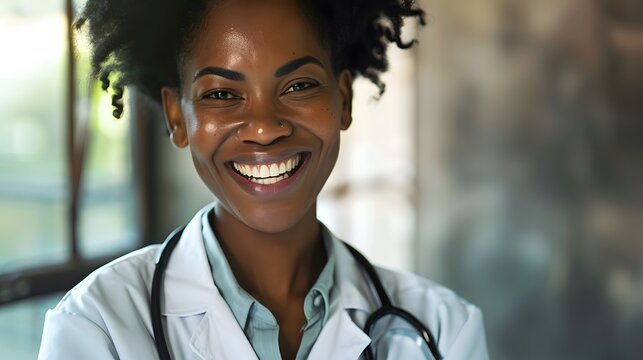 afro descent black woman doctor with white clothes and stethoscope smiling portrait