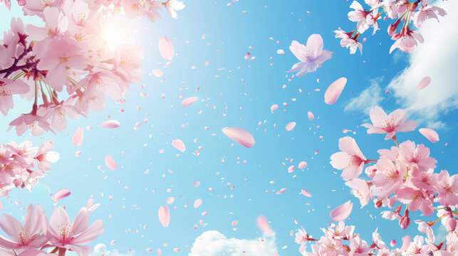 An uplifting image looking up at cherry blossoms against a bright blue sky, evoking feelings of joy and freedom