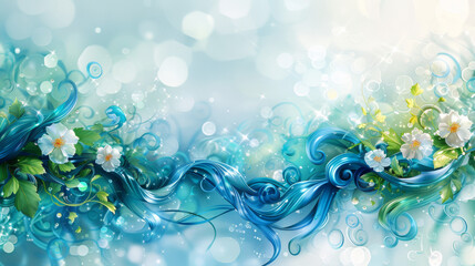 Fototapeta na wymiar A captivating image of whimsical floral swirls and shimmering sparkles on a soft blue background, symbolizing freshness and purity