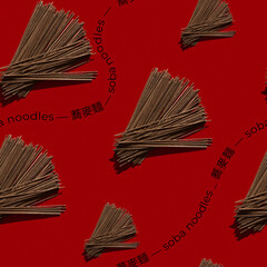 Raw Soba Noodles seamless pattern on vibrant red background. Noodles made from buckwheat flour....