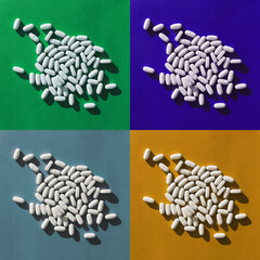 Medical Pills on vibrant cyan or aqua background. 80s and 90s retro style poster, hard light and...