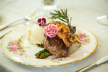 Surf and Turf - Filet and Shrimp with mashed potato and aparagus