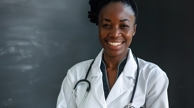 afro descent black woman doctor with white clothes and stethoscope smiling portrait