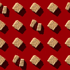 Chinese instant ramen noodles on red background seamless pattern. Retro style 80-90s food photography