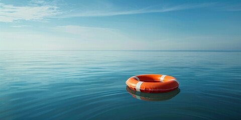 Fototapeta premium A life ring floating on the ocean, on blue sky and sea in the background. Life preserver in sea banner