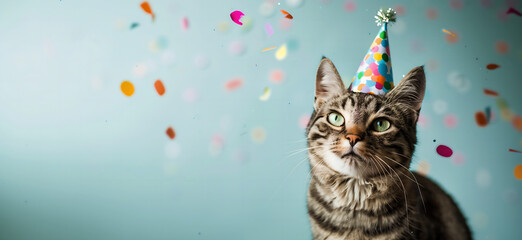 Happy birthday funny cat with hat and confetti, blue background.