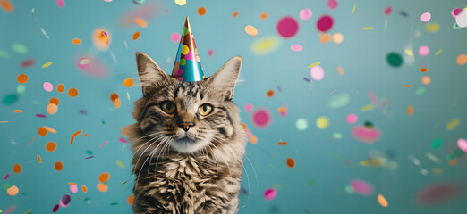 Happy birthday funny cat with hat and confetti, blue background.