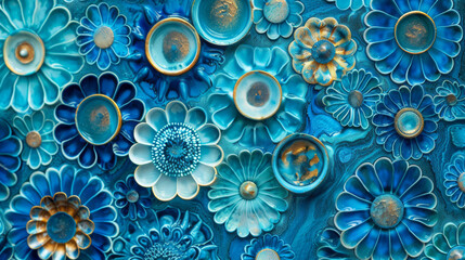 This image showcases an array of blue floral patterns with metallic golden and silver-like accents